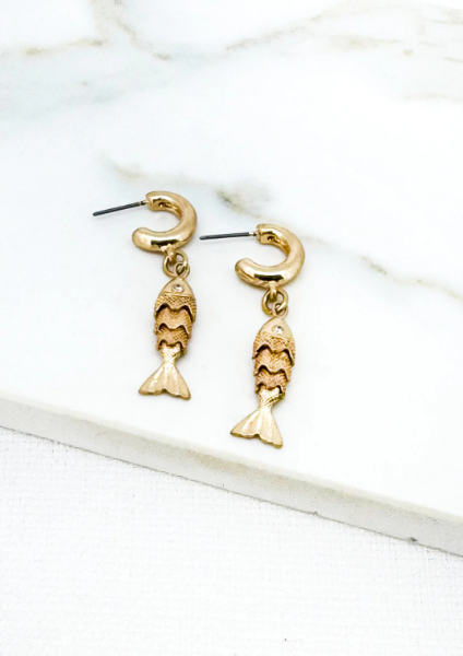Envy Articulated Fish Charm Drop Earrings - Gold