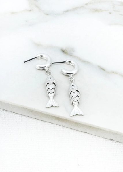 Envy Articulated Fish Charm Drop Earrings - Silver