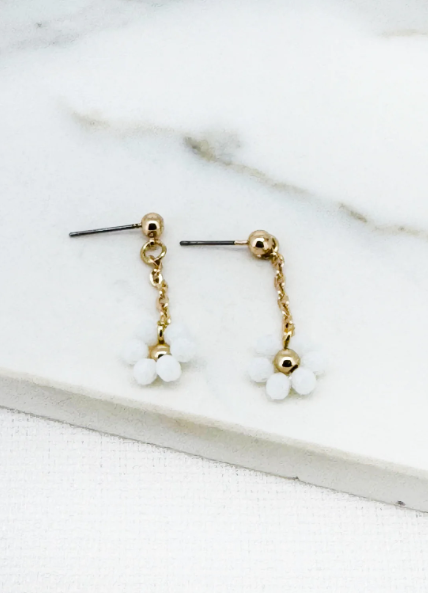 Envy Gold Drop Crystal Daisy Charm Earrings - White
