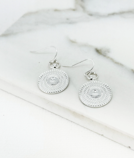 Envy Detailed Disc Drop Earrings - Silver
