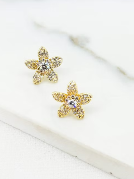 Envy Diamante Flower Stud Earrings - Gold