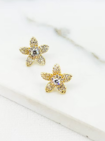 Envy Diamante Flower Stud Earrings - Gold