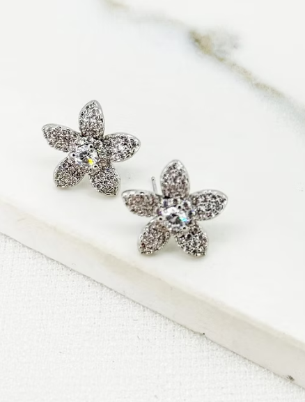 Envy Diamante Flower Stud Earrings - Silver