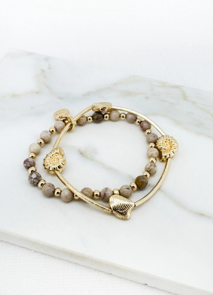 Envy Double Layered Shell Charm Beaded Bracelet - Gold