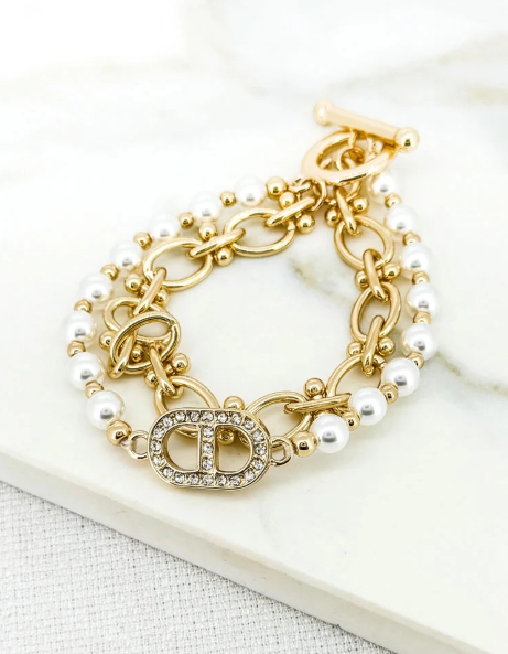 Envy Pearl and Fancy Link Double Bracelet - Gold