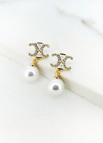 Envy Pearl and Diamante Inspired Earrings - Gold