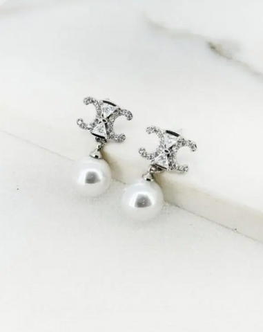 Envy Pearl and Diamante Inspired Earrings - Silver