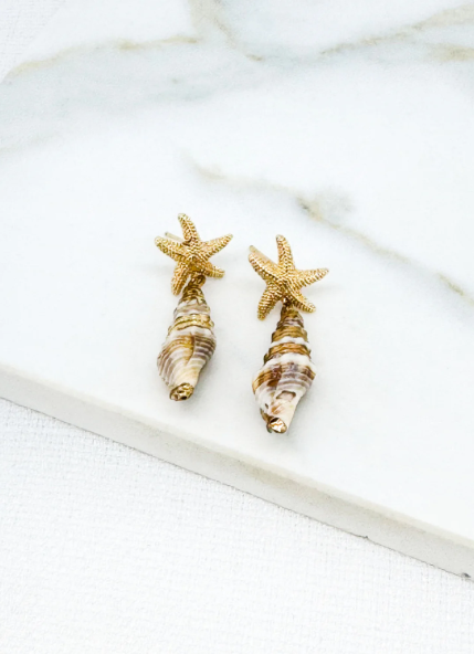 Envy Starfish and Shell Drop Charm Earrings - Gold