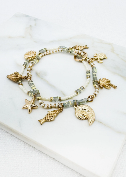 Envy Beach Theme Multi-Charm Beaded Layered Bracelet