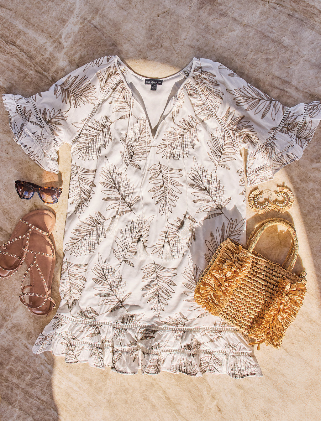 Tribal Luxe Embroidered Ruffle Leaf Print Short Dress