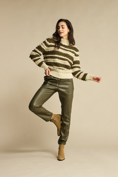 Red Button Stripe Loop High Neck Jumper - Khaki