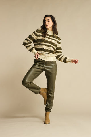 Red Button Stripe Loop High Neck Jumper - Khaki
