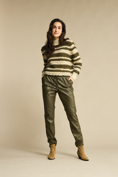 Red Button Stripe Loop High Neck Jumper - Khaki