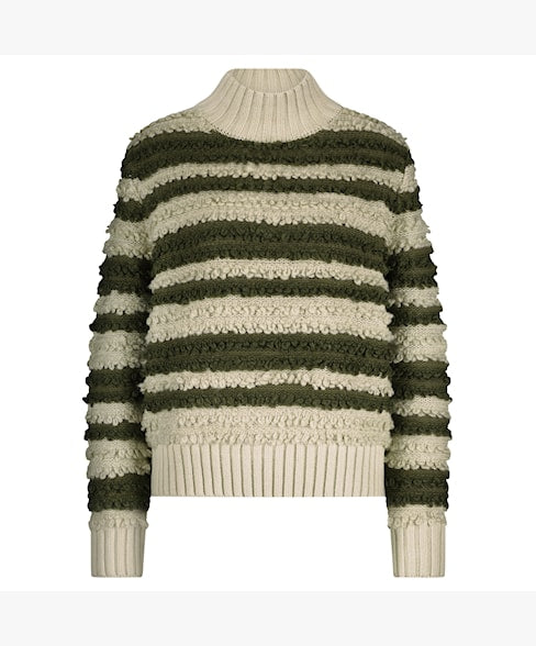 Red Button Stripe Loop High Neck Jumper - Khaki